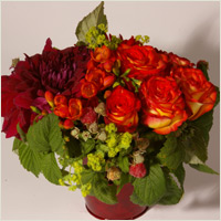 Composition de fleurs rouge et orange  : Aube - fleurs rouge-orangées piquées dans un contenant assorti